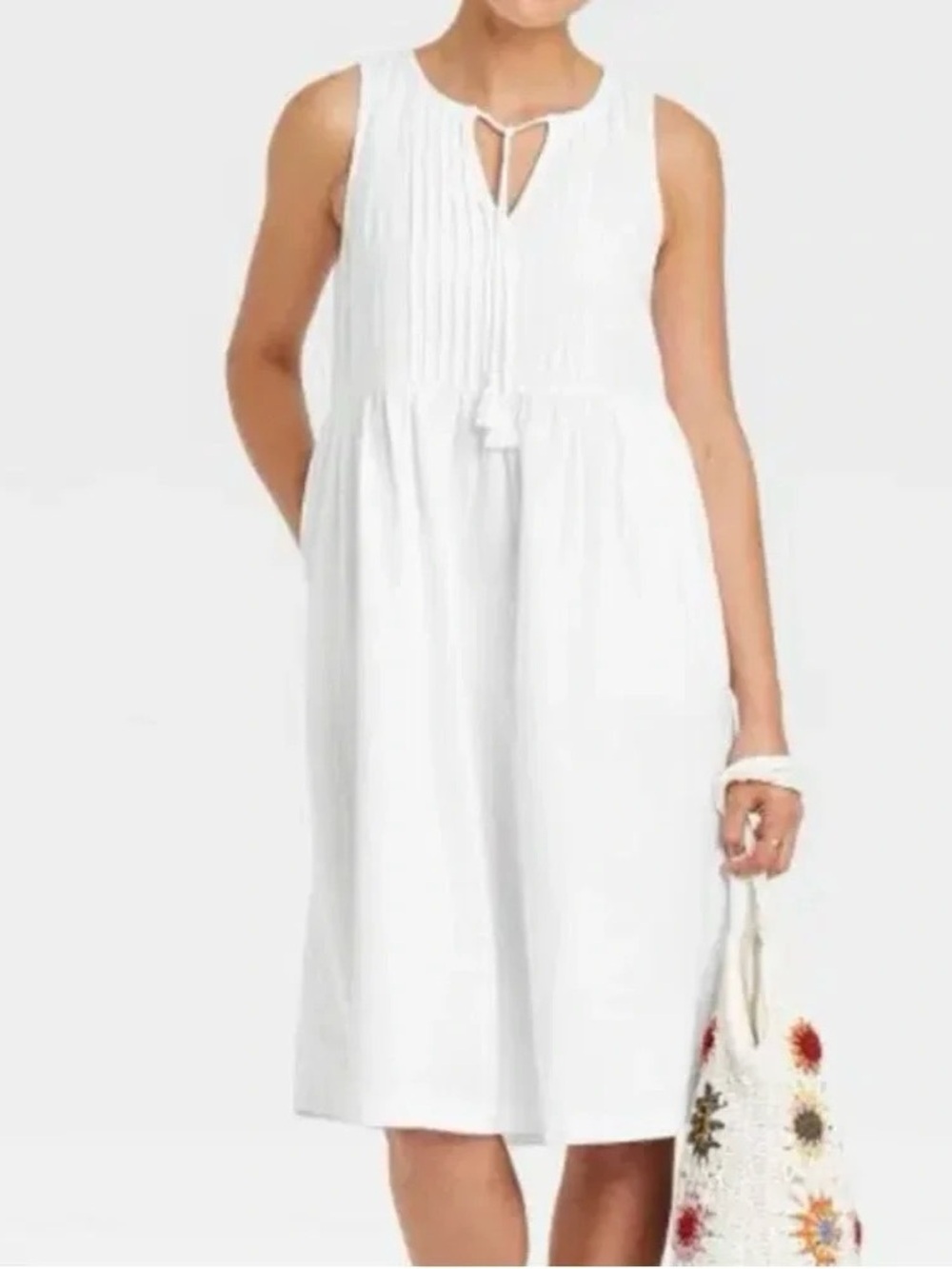 Universal Thread Linen Blend White Tassel Midi Dress Pocket Sleeveless Med NEW